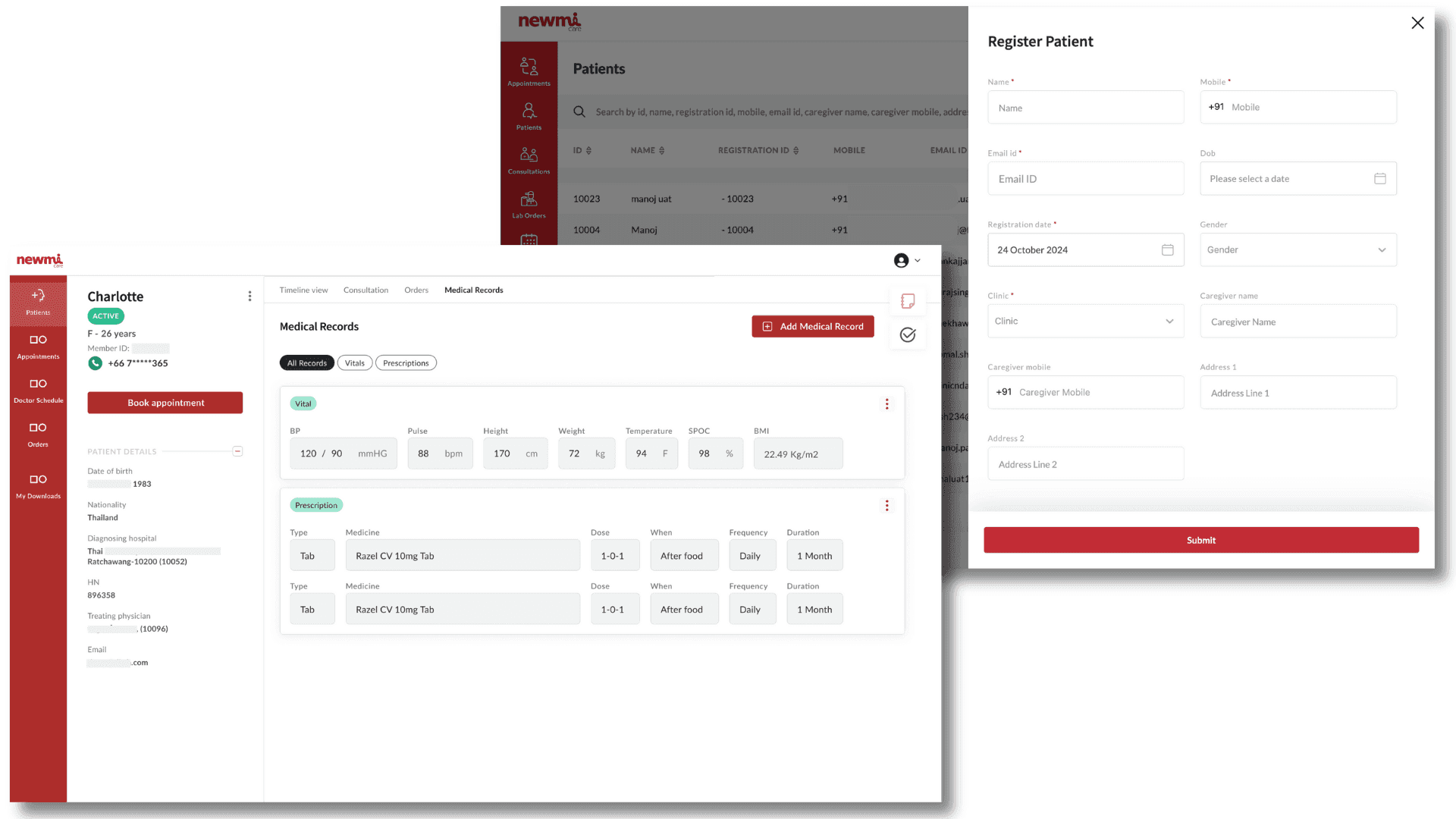 Nivrit women's health app dashboard built on Zelthy showing patient care management, appointment scheduling, health tracking, and EHR integration