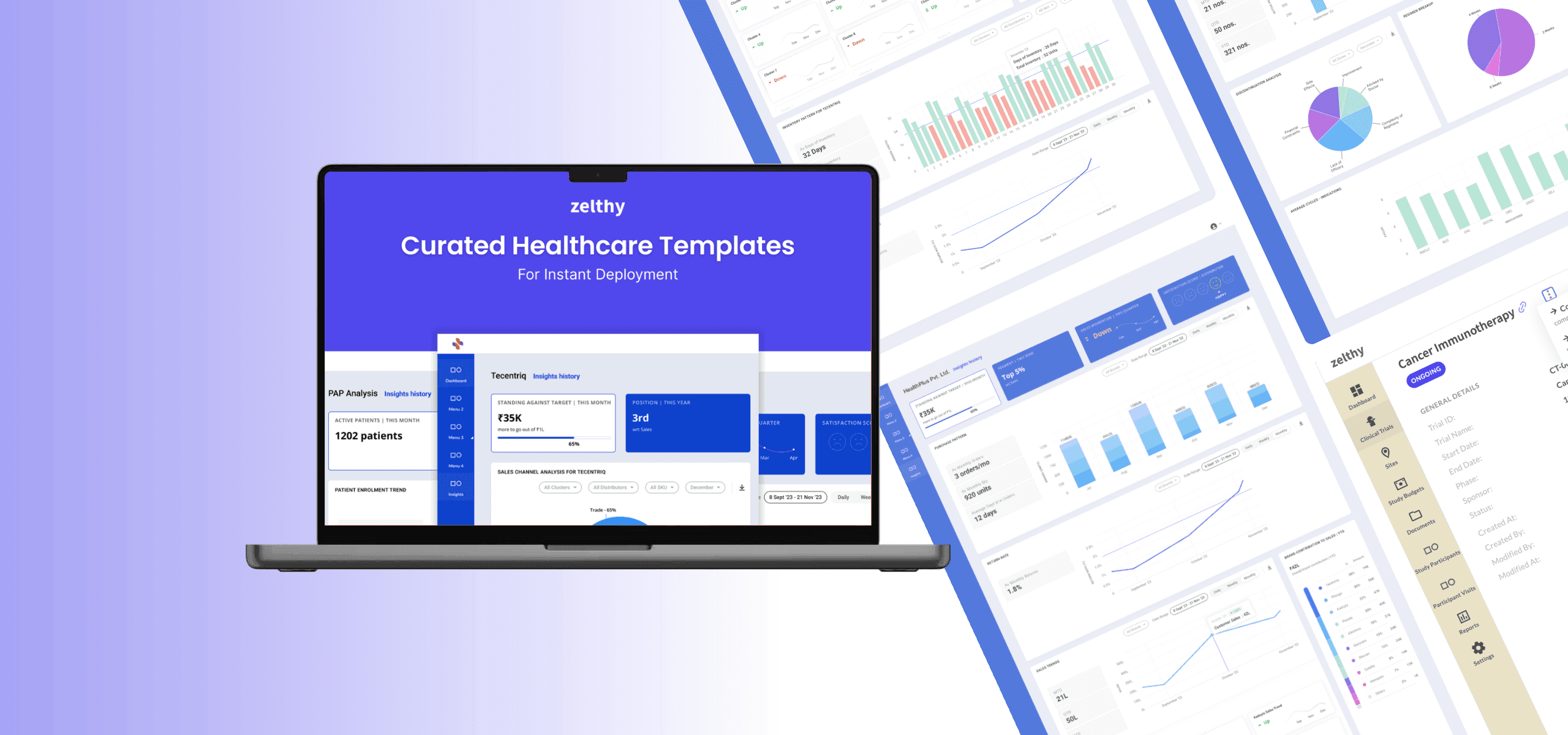 Zelthy healthcare application template framework showing pre-built modules for patient support, clinical trials, and inventory management