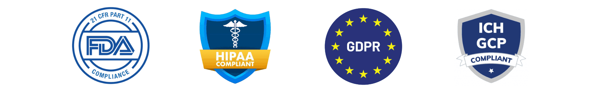 Table of global clinical trial compliance standards including FDA 21 CFR Part 11, ICH-GCP, EMA regulations, HIPAA, and GDPR