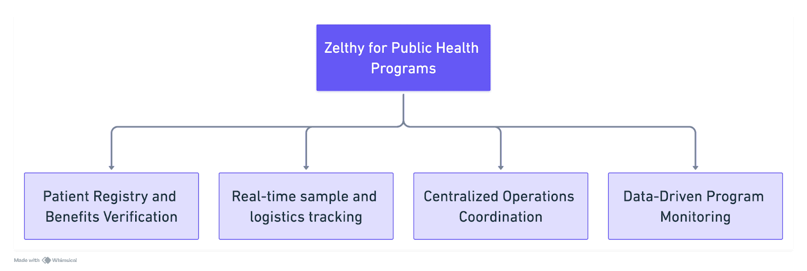 Zelthy program management platform diagram showing patient registry, benefits verification, sample collection tracking, logistics coordination, and centralized lab monitoring across 500 centers