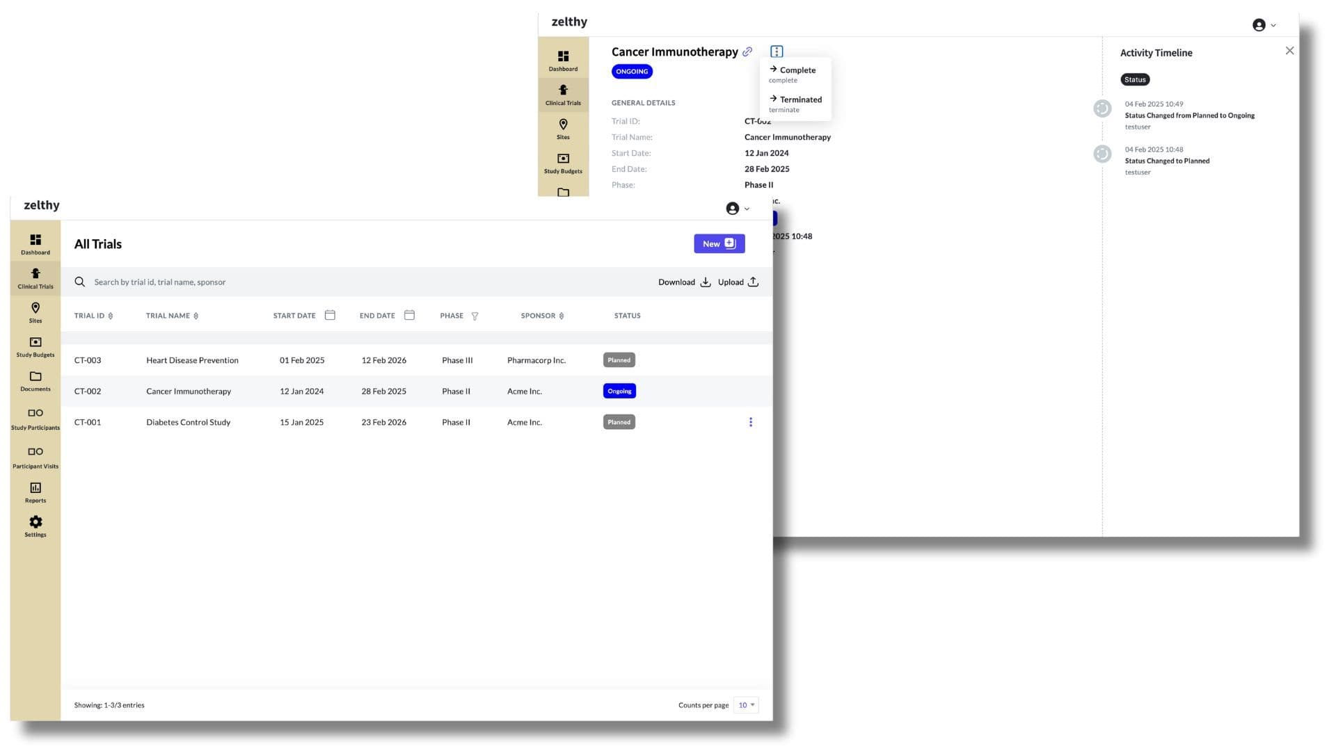 Zelthy CTMS clinical trials tab showing list of ongoing studies with status indicators, site counts, and enrollment progress