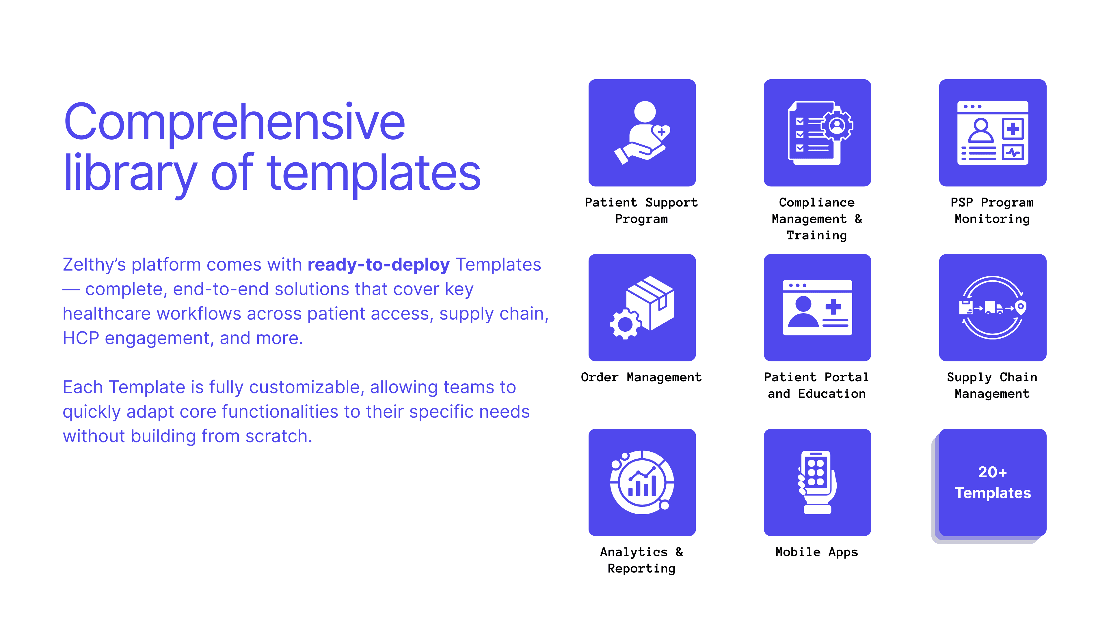 Zelthy templates library showing healthcare app templates for patient management, inventory tracking, LIMS, pharmacy, staff scheduling, and compliance